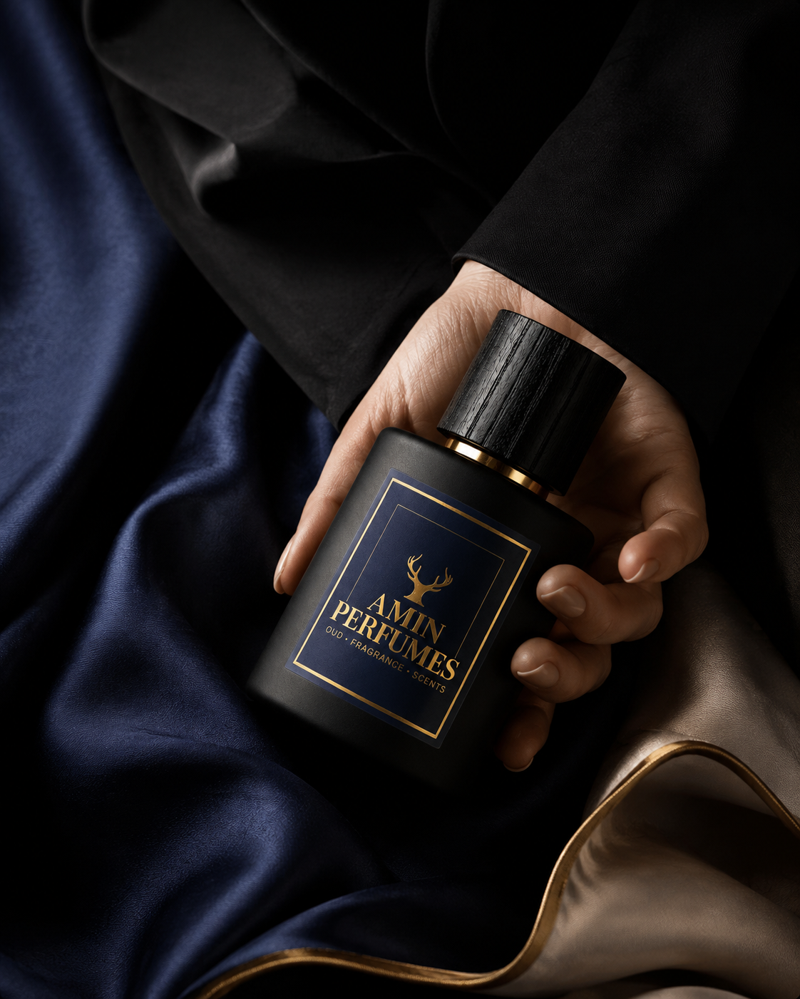 Hand holding a matte black Amin Perfumes bottle with the gold antler emblem, resting on navy silk